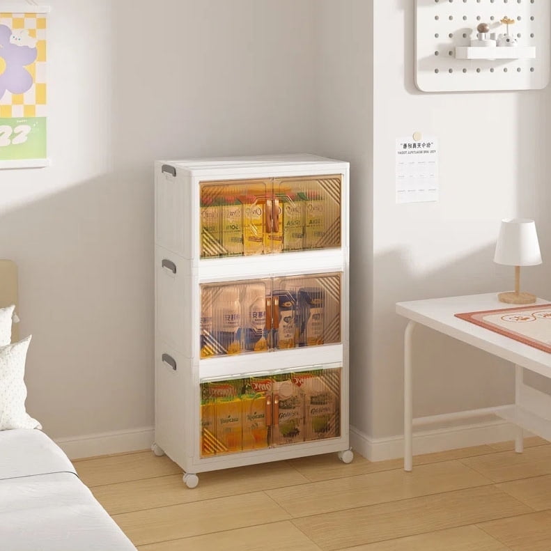 【3 Pack】 Heavy Duty Plastic Storage Bins with Lids - Collapsible Stackable Closet Organizers, Space Saving Storage Cubes w/Wheels \u0026 Doors